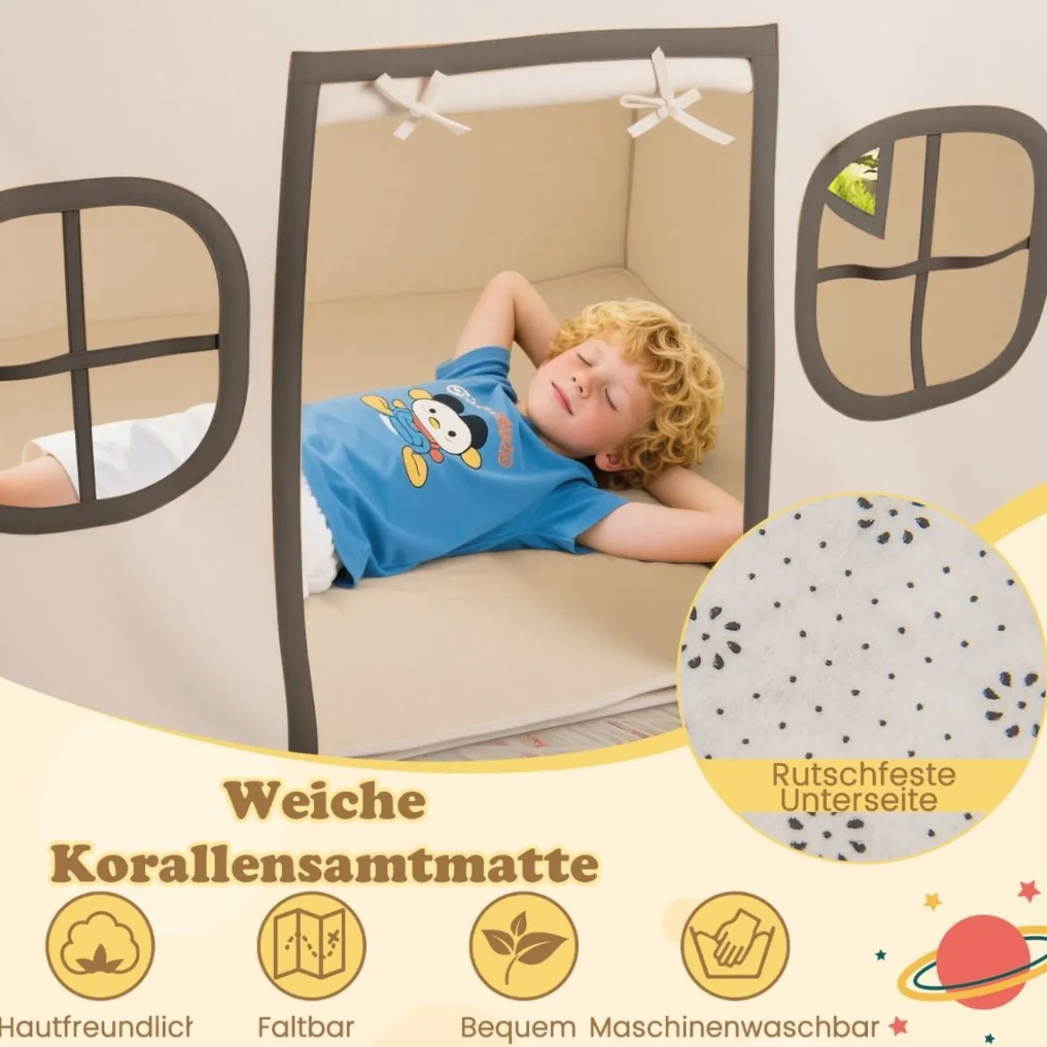 Spielhaus Kinder Indoor Kinderzelt mit Sternlichter & Gepolsterte Matte Beige + Schwarz