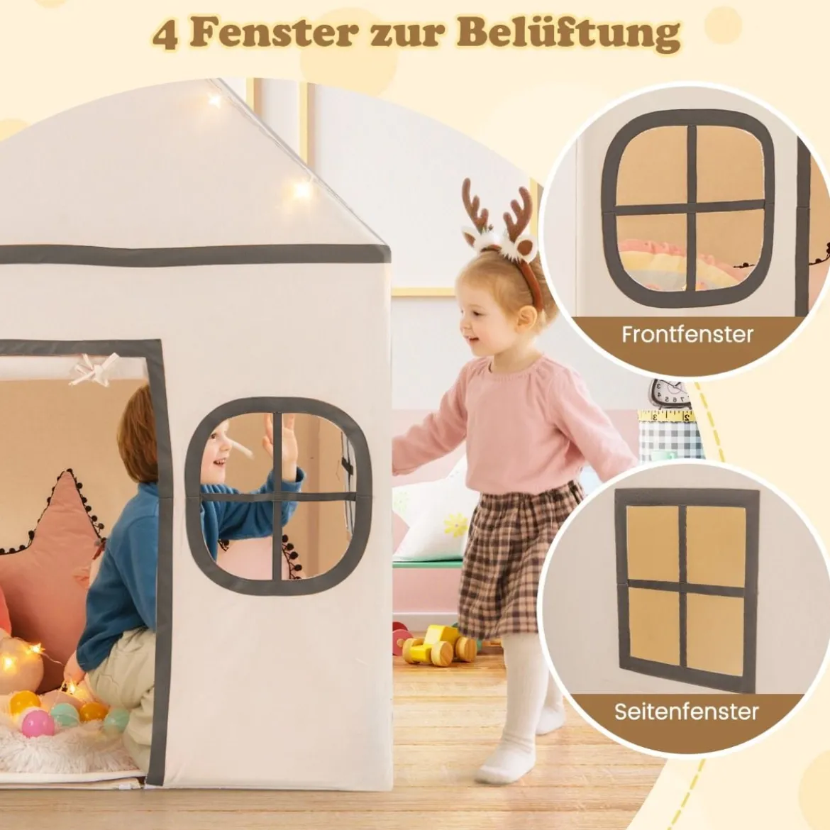 Spielhaus Kinder Indoor Kinderzelt mit Sternlichter & Gepolsterte Matte Beige + Schwarz