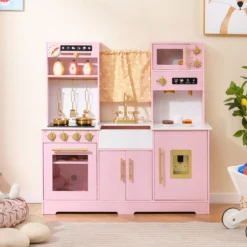 Spielküche aus Holz mit Spüle & Wasserhahn Spielzeugküche mit Zubehör für KinderRosa