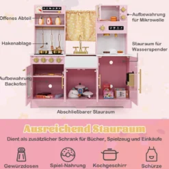 Spielküche aus Holz mit Spüle & Wasserhahn Spielzeugküche mit Zubehör für KinderRosa