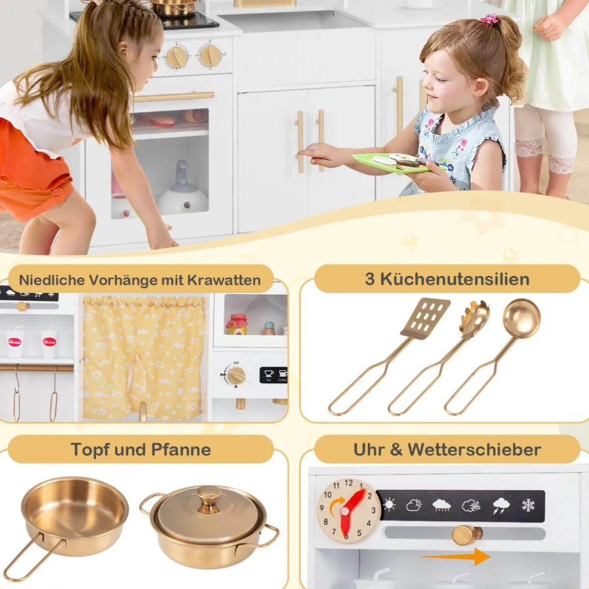 Spielküche aus Holz mit Spüle & Wasserhahn Spielzeugküche mit Zubehör für KinderWeiß