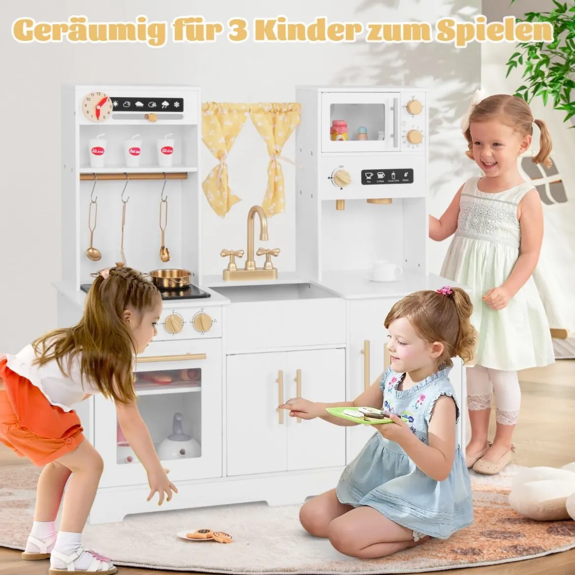 Spielküche aus Holz mit Spüle & Wasserhahn Spielzeugküche mit Zubehör für KinderWeiß