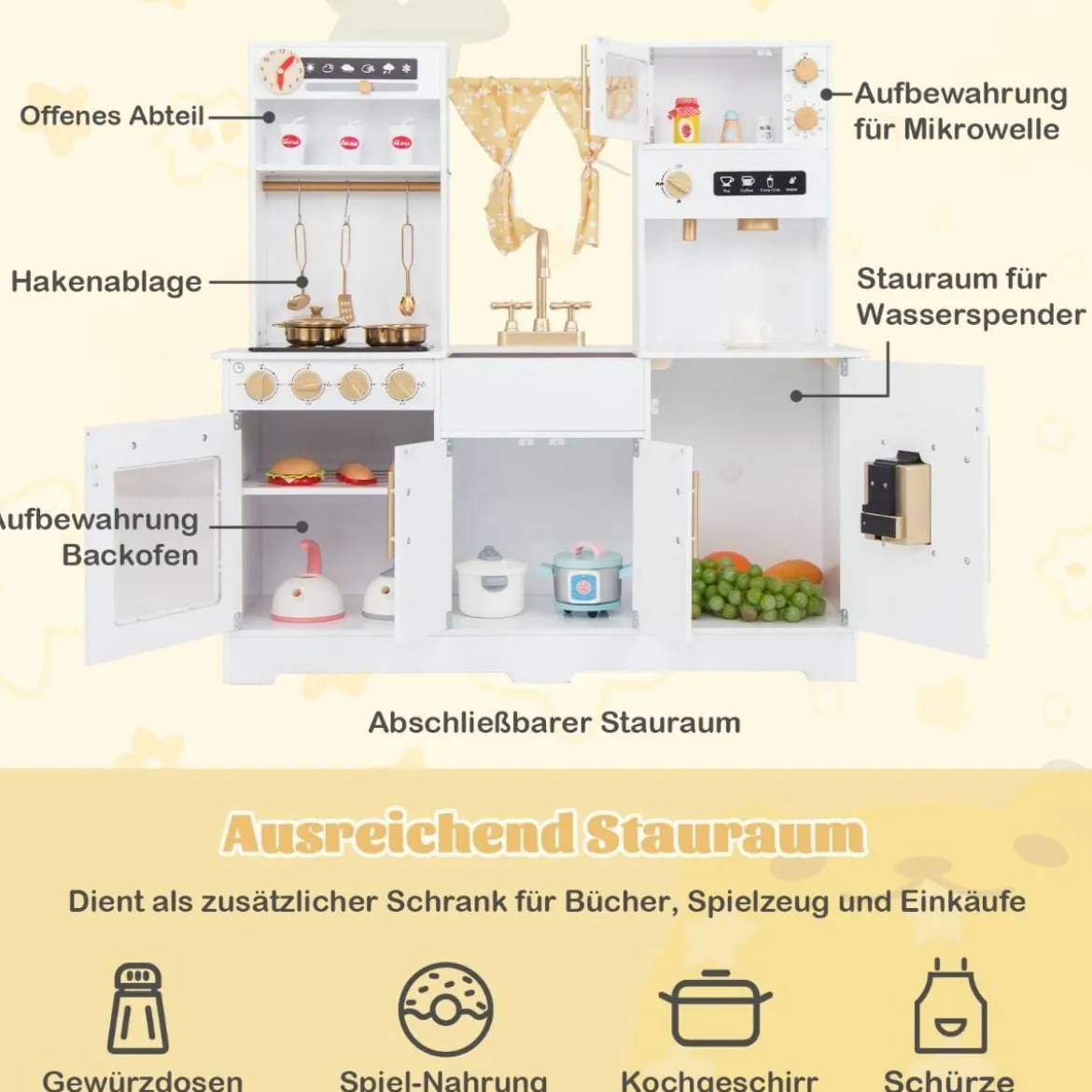 Spielküche aus Holz mit Spüle & Wasserhahn Spielzeugküche mit Zubehör für KinderWeiß