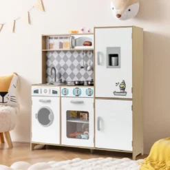 Spielküche aus Holz mit Zubehör Küchenspielset Spielzeugküche mit Eismaschine & Kochherd Natur
