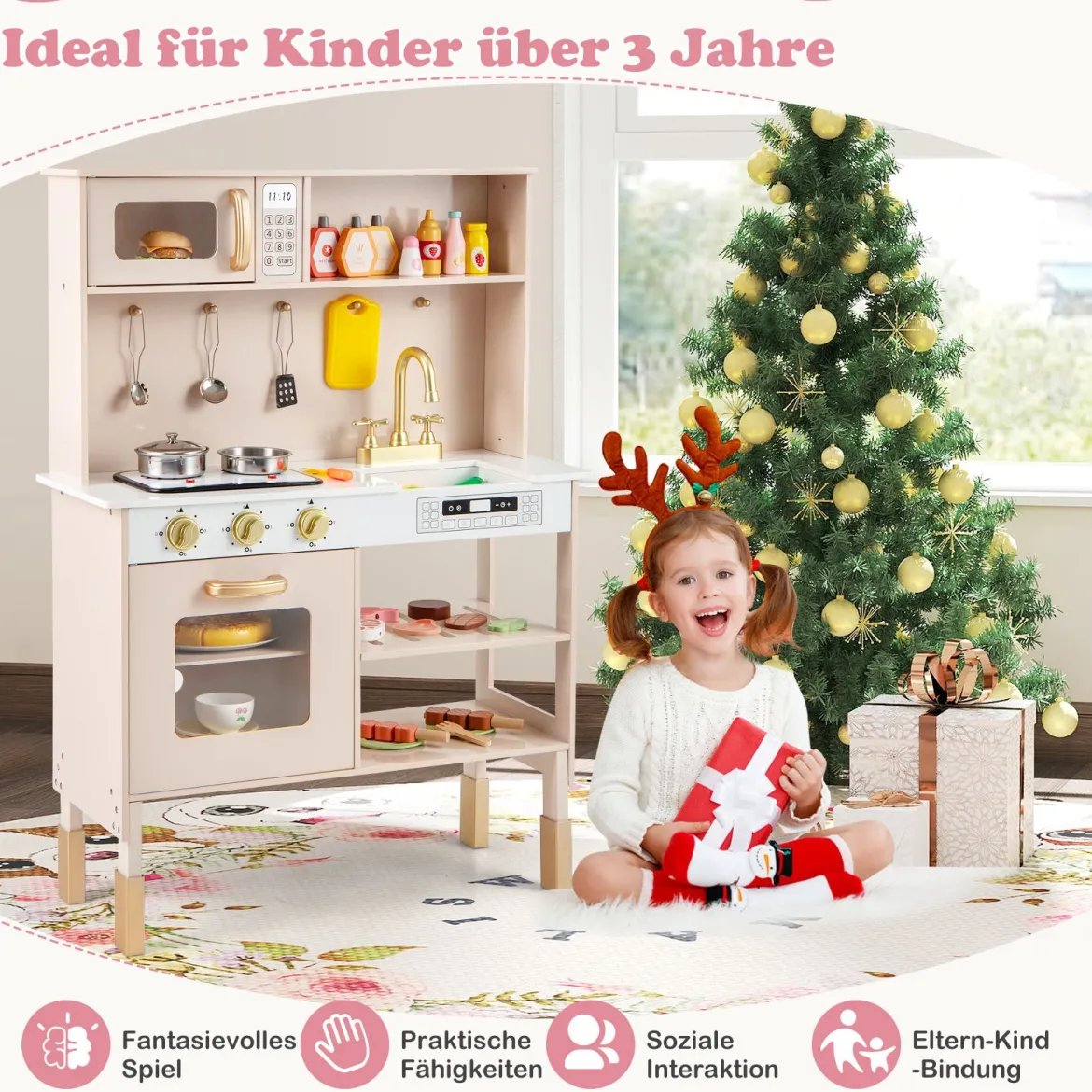 Spielküche Höhenverstellbar Holz-Küchenspielset mit Lichtern & Geräuschen Mikrowelle Herd Spüle Ofen Gelb