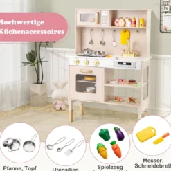 Spielküche Höhenverstellbar Holz-Küchenspielset mit Lichtern & Geräuschen Mikrowelle Herd Spüle Ofen Gelb