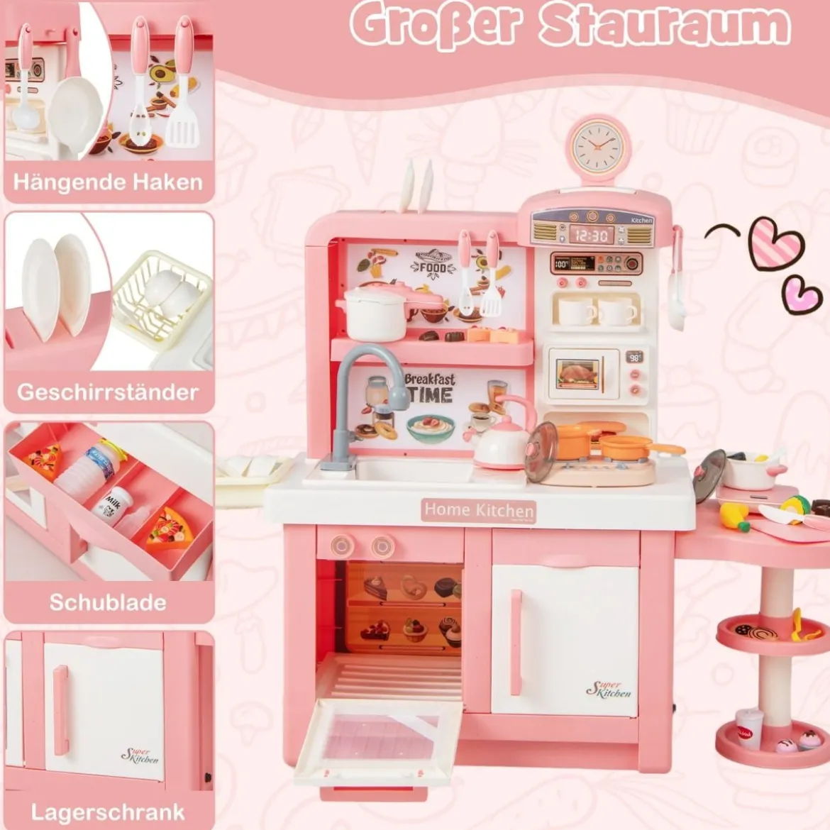 Spielküche Kinder mit 49 Zubehör Kinderküche mit Licht & Sound Kinderspielküche Rosa