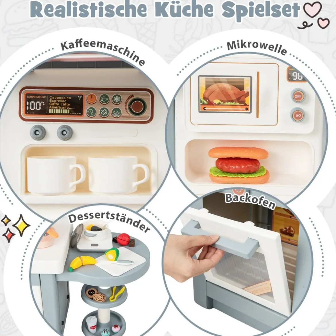 Spielküche Kinder mit 49 Zubehör Kinderküche mit Licht & Sound Kinderspielküche Grau