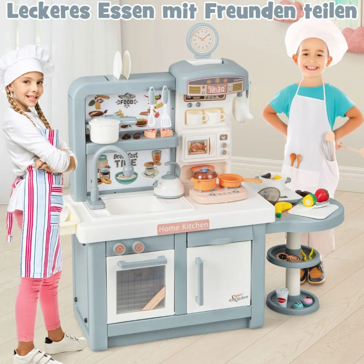Spielküche Kinder mit 49 Zubehör Kinderküche mit Licht & Sound Kinderspielküche Grau