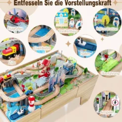 Spieltisch aus Holz 110-teiliges Kinder Eisenbahn-Set mit Integrierter Großer Schublade 107 x 63 x 40 cm