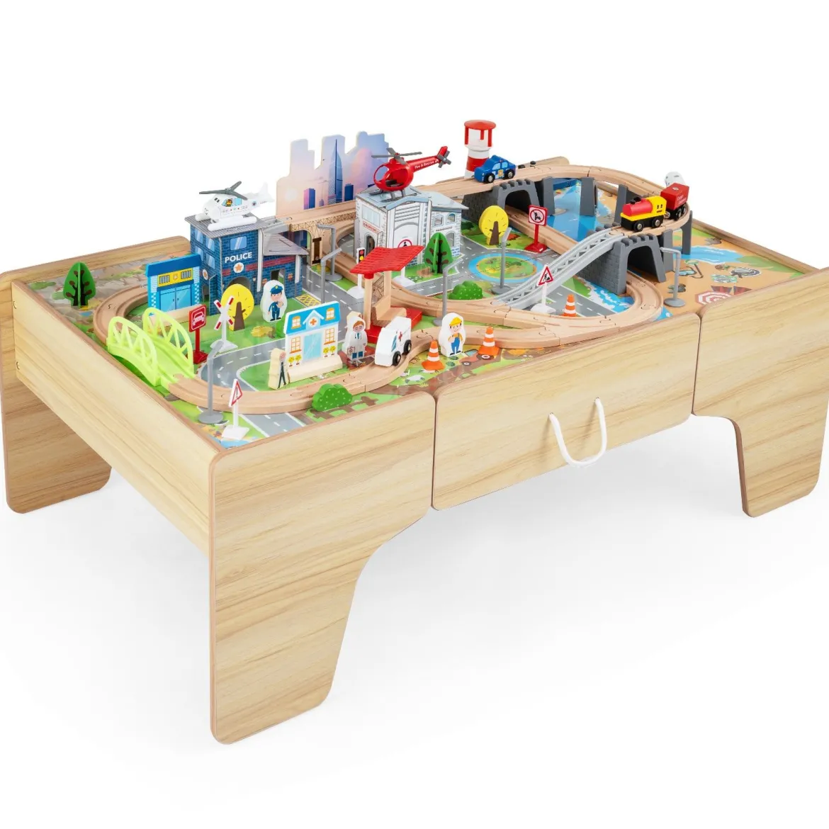 Spieltisch aus Holz 110-teiliges Kinder Eisenbahn-Set mit Integrierter Großer Schublade 107 x 63 x 40 cm
