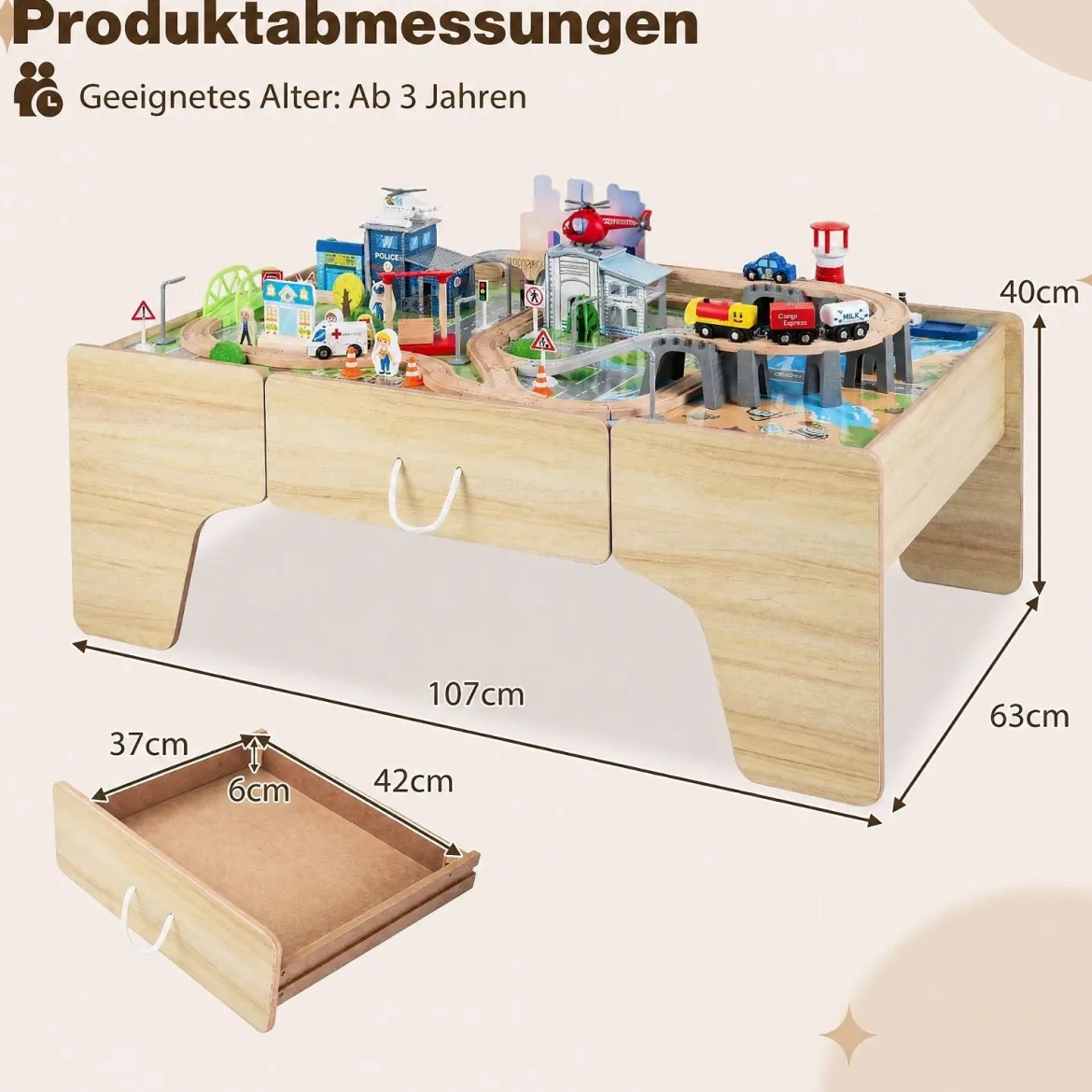 Spieltisch aus Holz 110-teiliges Kinder Eisenbahn-Set mit Integrierter Großer Schublade 107 x 63 x 40 cm