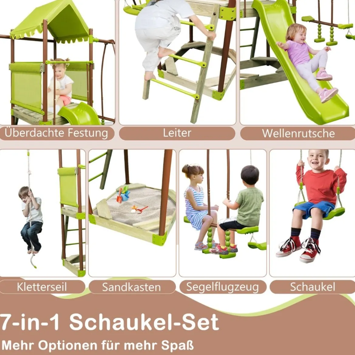 Spielturm Klettergerüst mit Schaukel Rutsche Kletterseil Gleitersitzen 320 x 260 x 248 cm Grün