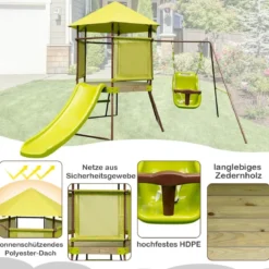 Spielturm Klettergerüst mit Schaukel Rutsche und Leiter Outdoor Kinder Kletterturm 225 x 203 x 168 cm Grün