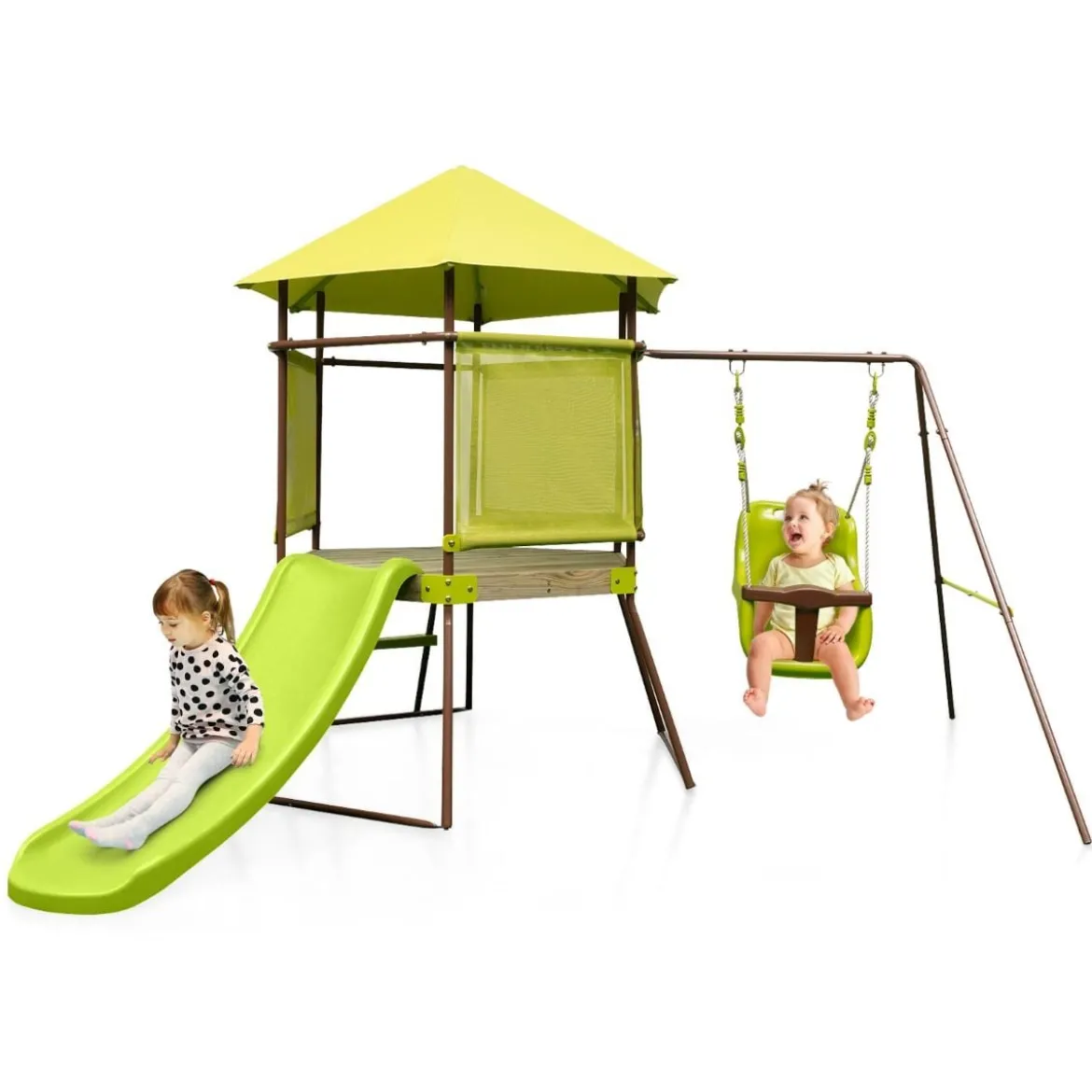 Spielturm Klettergerüst mit Schaukel Rutsche und Leiter Outdoor Kinder Kletterturm 225 x 203 x 168 cm Grün