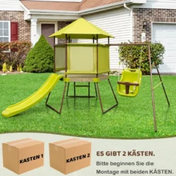 Spielturm Klettergerüst mit Schaukel Rutsche und Leiter Outdoor Kinder Kletterturm 225 x 203 x 168 cm Grün