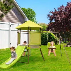 Spielturm Klettergerüst mit Schaukel Rutsche und Leiter Outdoor Kinder Kletterturm 225 x 203 x 168 cm Grün