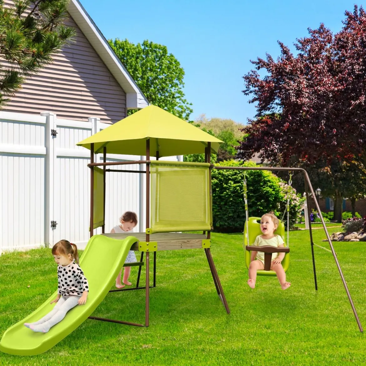 Spielturm Klettergerüst mit Schaukel Rutsche und Leiter Outdoor Kinder Kletterturm 225 x 203 x 168 cm Grün
