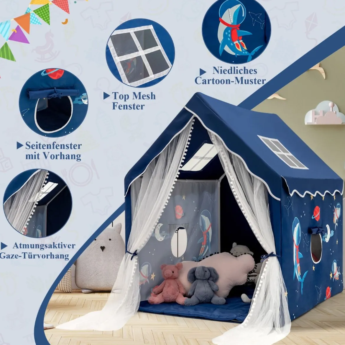 Spielzelt Großes Kinderzelt Indoor-Spielzelt mit Matte Türvorhang 121 x 105 x 137 cm Blau