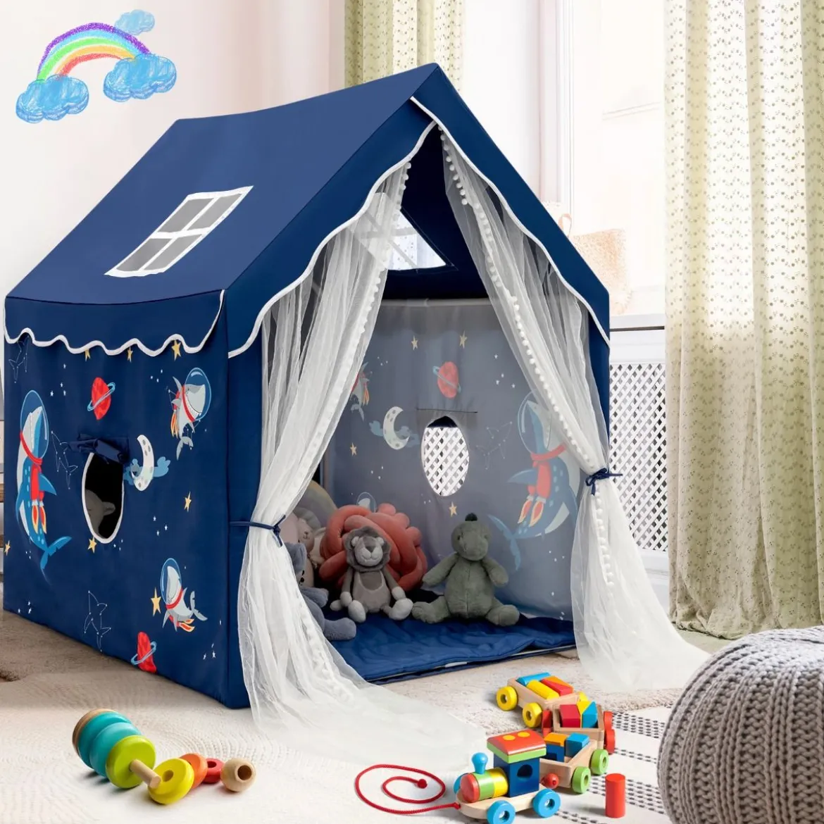 Spielzelt Großes Kinderzelt Indoor-Spielzelt mit Matte Türvorhang 121 x 105 x 137 cm Blau