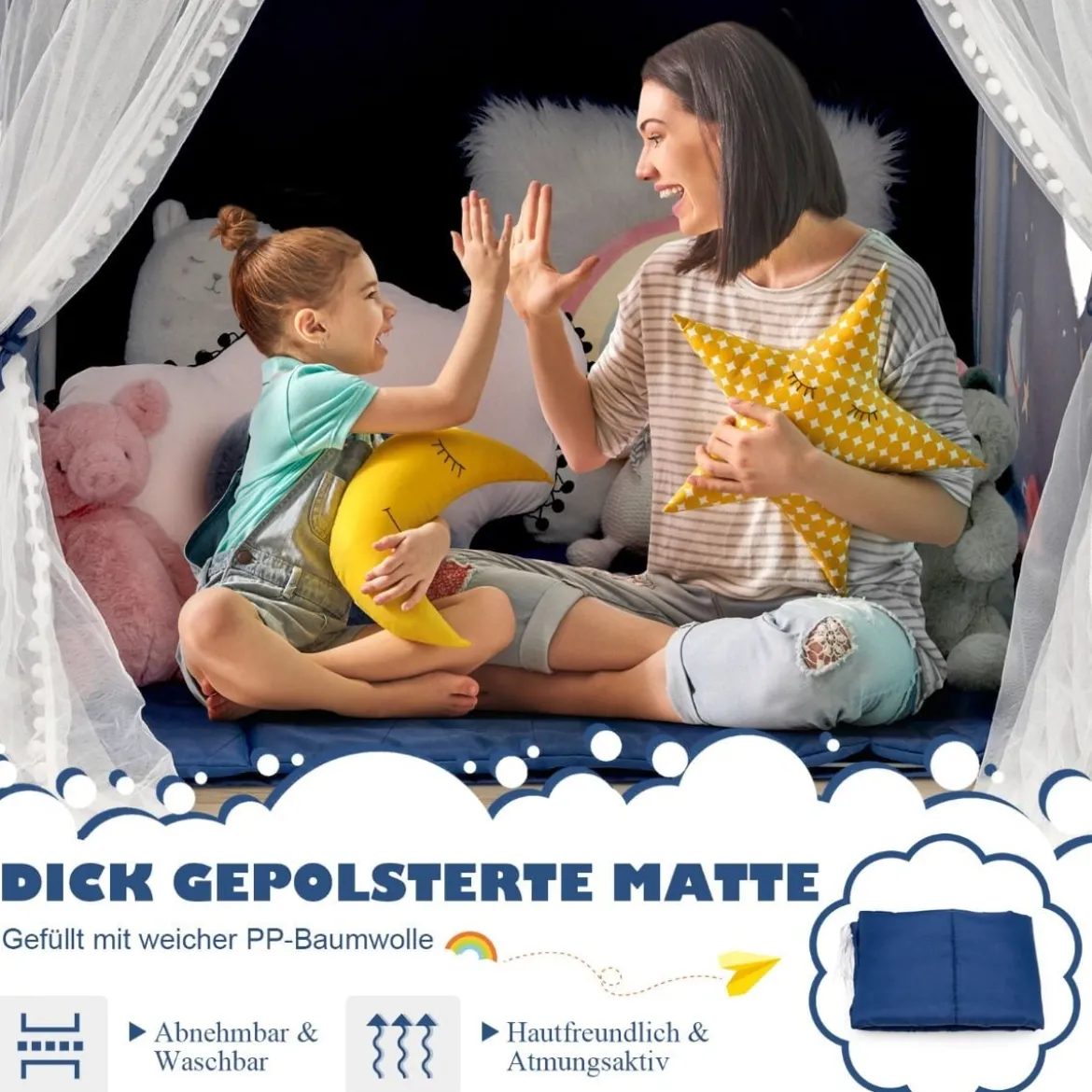 Spielzelt Großes Kinderzelt Indoor-Spielzelt mit Matte Türvorhang 121 x 105 x 137 cm Blau