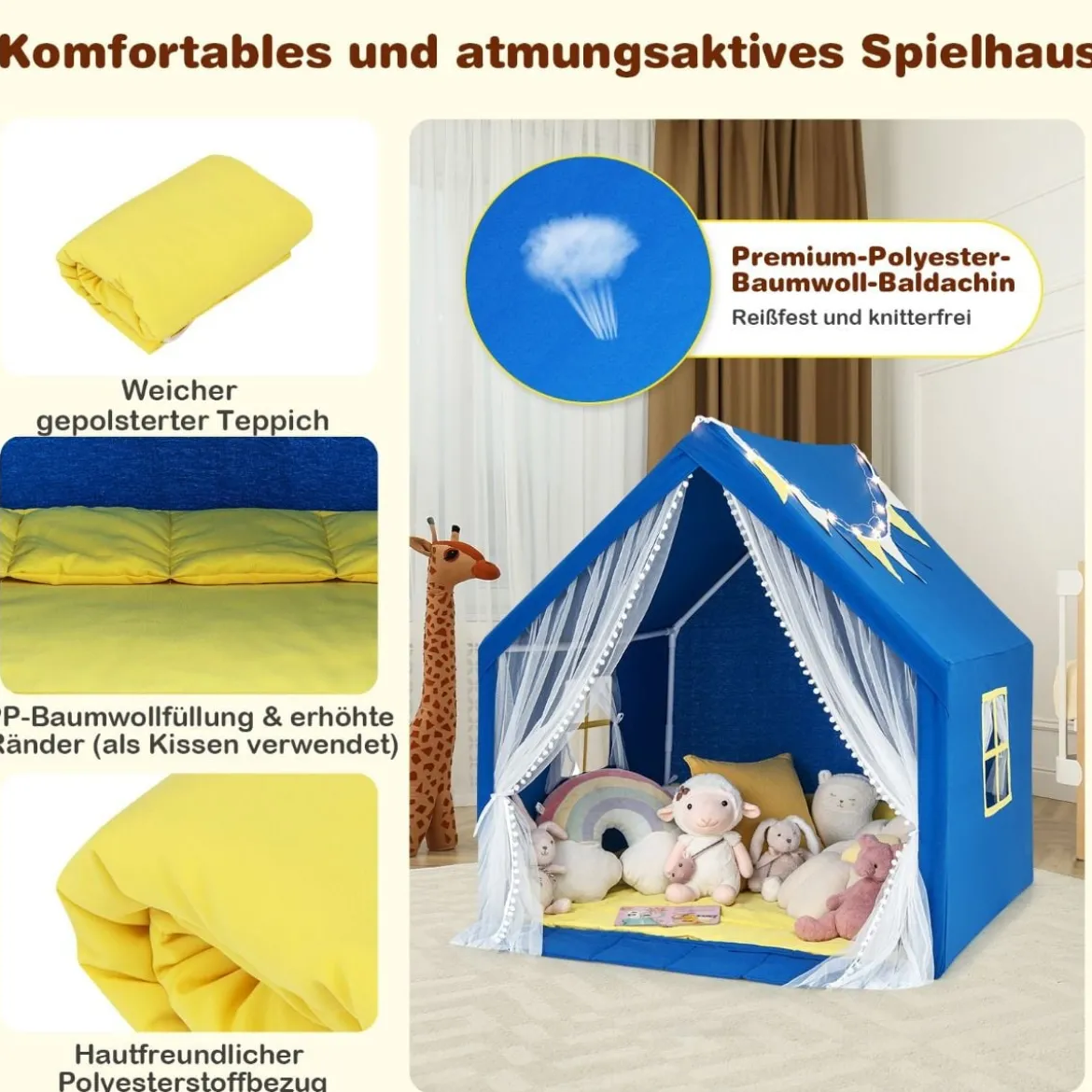Spielzelt Spielhaus für Kinder mit Waschbarer Baumwollmatte 122 x 105 x 125 cm Blau
