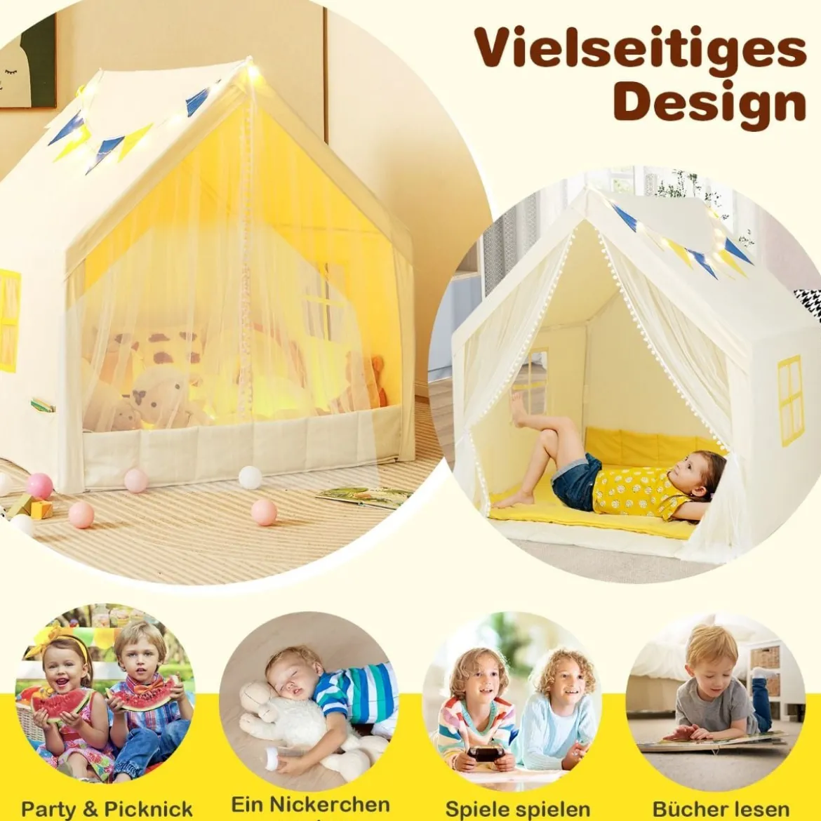 Spielzelt Spielhaus für Kinder mit Waschbarer Baumwollmatte 122 x 105 x 125 cm Beige