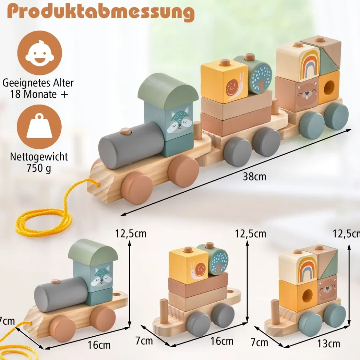 Spielzeugeisenbahn-Set mit stapelbaren Holzklötzen niedlichen Tiermustern Abschleppseil & Hakenverbindungen