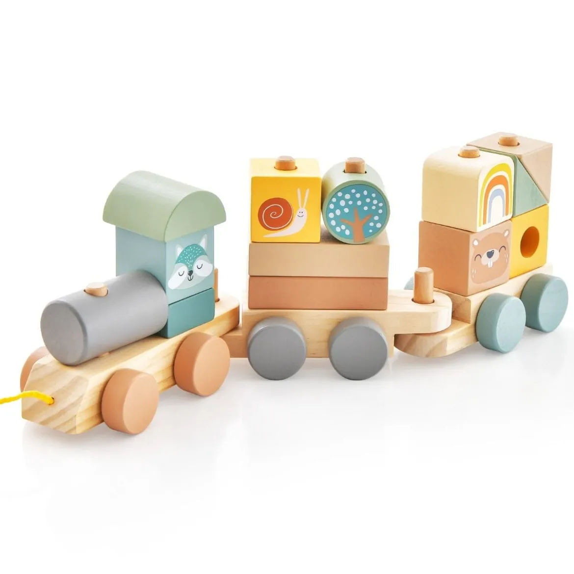 Spielzeugeisenbahn-Set mit stapelbaren Holzklötzen niedlichen Tiermustern Abschleppseil & Hakenverbindungen
