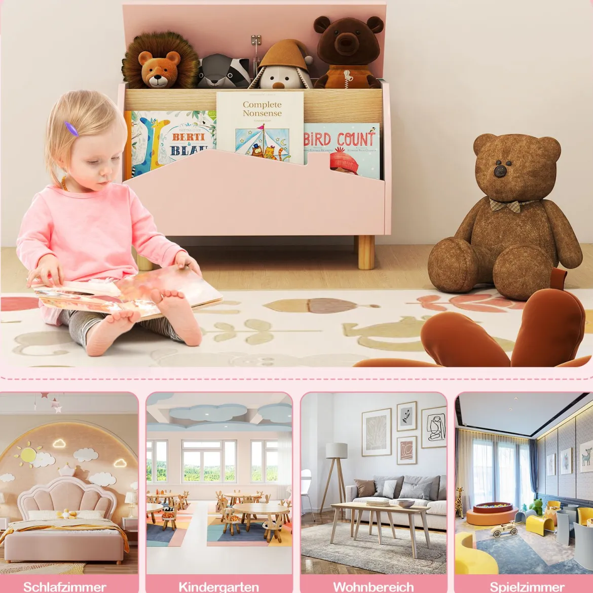 Spielzeugkiste aus Holz mit Regal Spielzeugtruhe mit Klappdeckel 60 x 30 x 44 cm Rosa