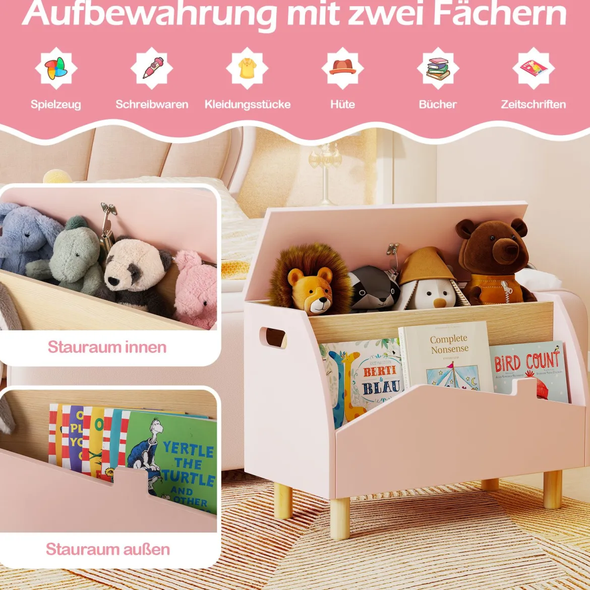 Spielzeugkiste aus Holz mit Regal Spielzeugtruhe mit Klappdeckel 60 x 30 x 44 cm Rosa