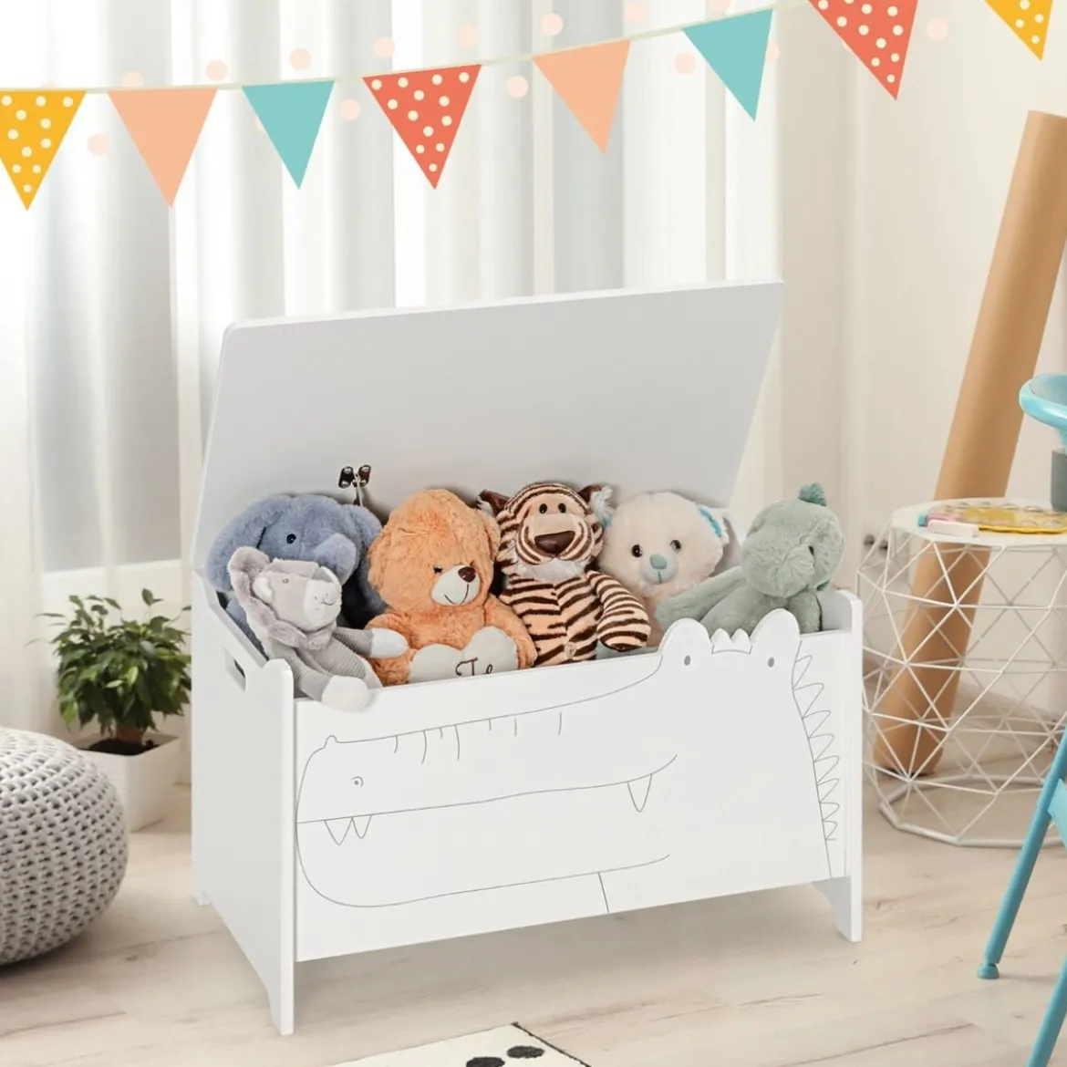 Spielzeugkiste mit Sicherheitsscharnier Holztruhe für Kinder Weiß