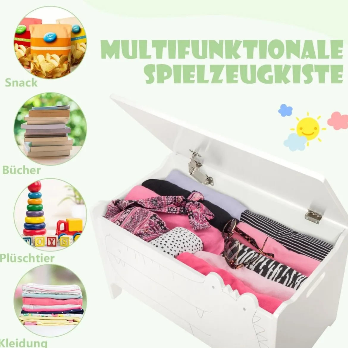 Spielzeugkiste mit Sicherheitsscharnier Holztruhe für Kinder Weiß