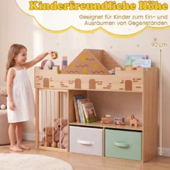 Spielzeugregal aus Holz mit Kippschutz 2 Stoffschubladen & Staufach 111 x 40 x 92 cm Natur