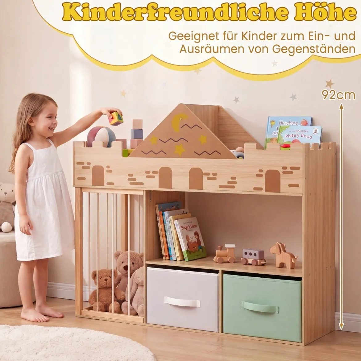 Spielzeugregal aus Holz mit Kippschutz 2 Stoffschubladen & Staufach 111 x 40 x 92 cm Natur