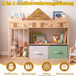 Spielzeugregal aus Holz mit Kippschutz 2 Stoffschubladen & Staufach 111 x 40 x 92 cm Natur