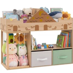 Spielzeugregal aus Holz mit Kippschutz 2 Stoffschubladen & Staufach 111 x 40 x 92 cm Natur