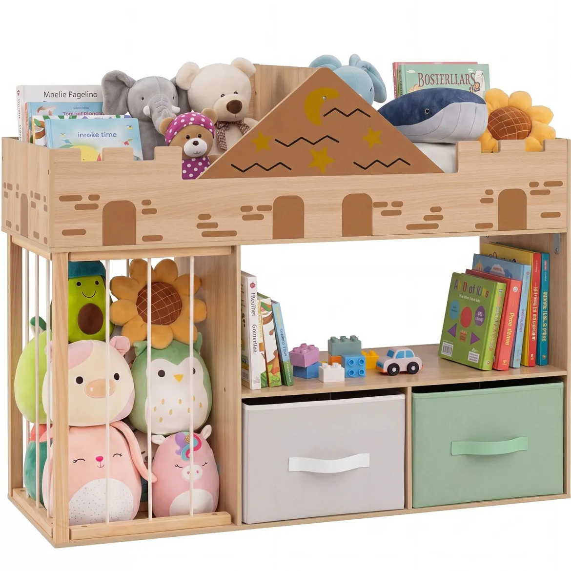 Spielzeugregal aus Holz mit Kippschutz 2 Stoffschubladen & Staufach 111 x 40 x 92 cm Natur