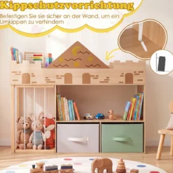 Spielzeugregal aus Holz mit Kippschutz 2 Stoffschubladen & Staufach 111 x 40 x 92 cm Natur