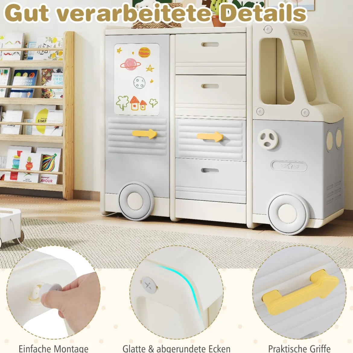 Spielzeugregal Auto Kinderregal in Busform mit Whiteboard 4 Schubladen & Schränken 111 x 34 x 94 cm