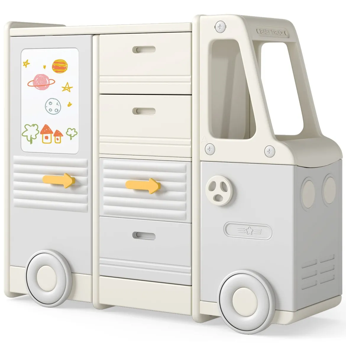 Spielzeugregal Auto Kinderregal in Busform mit Whiteboard 4 Schubladen & Schränken 111 x 34 x 94 cm