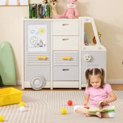 Spielzeugregal Auto Kinderregal in Busform mit Whiteboard 4 Schubladen & Schränken 111 x 34 x 94 cm