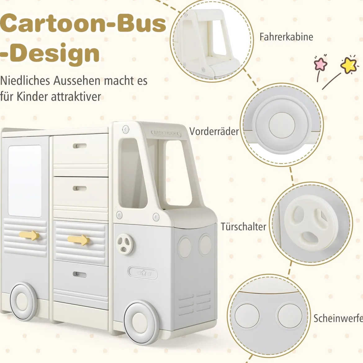 Spielzeugregal Auto Kinderregal in Busform mit Whiteboard 4 Schubladen & Schränken 111 x 34 x 94 cm