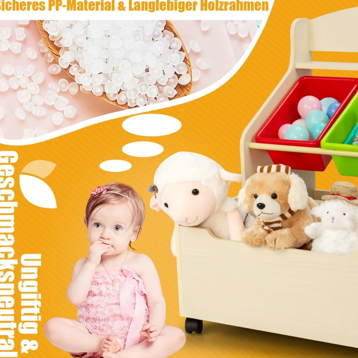 SpielzeugregalHölzerner Kinderschrank mit Rollen Bücherregal Spielzeugablage für Kinder Natur