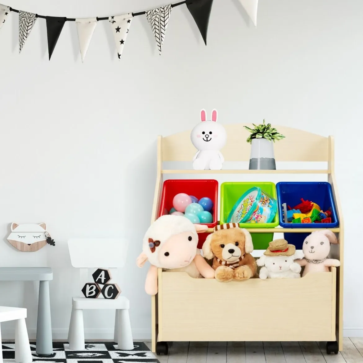 SpielzeugregalHölzerner Kinderschrank mit Rollen Bücherregal Spielzeugablage für Kinder Natur