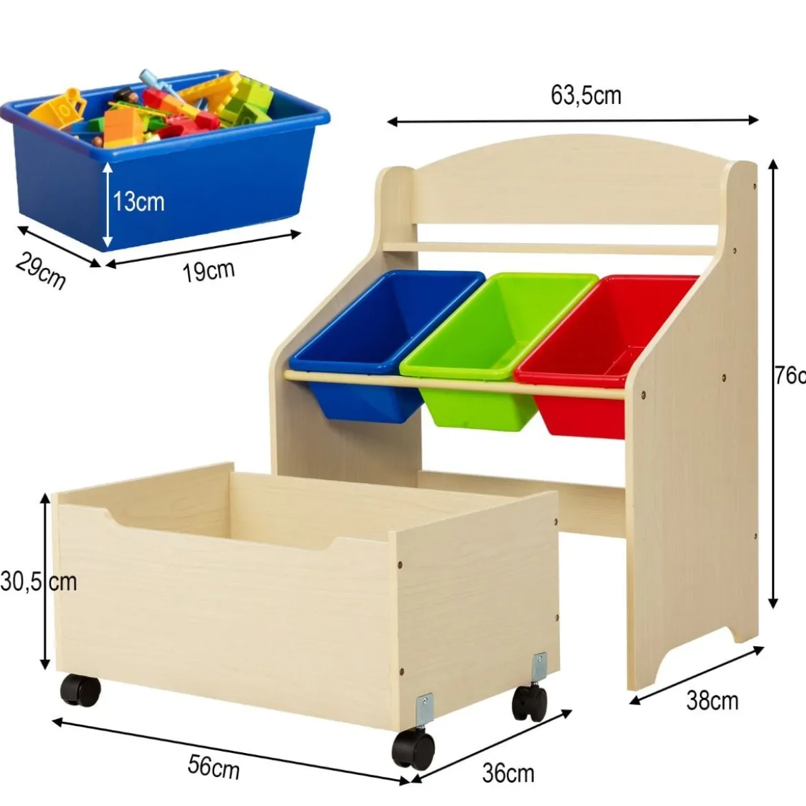 SpielzeugregalHölzerner Kinderschrank mit Rollen Bücherregal Spielzeugablage für Kinder Natur