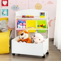 SpielzeugregalHölzerner Kinderschrank mit Rollen Bücherregal Spielzeugablage für Kinder Weiß