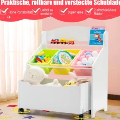 SpielzeugregalHölzerner Kinderschrank mit Rollen Bücherregal Spielzeugablage für Kinder Weiß