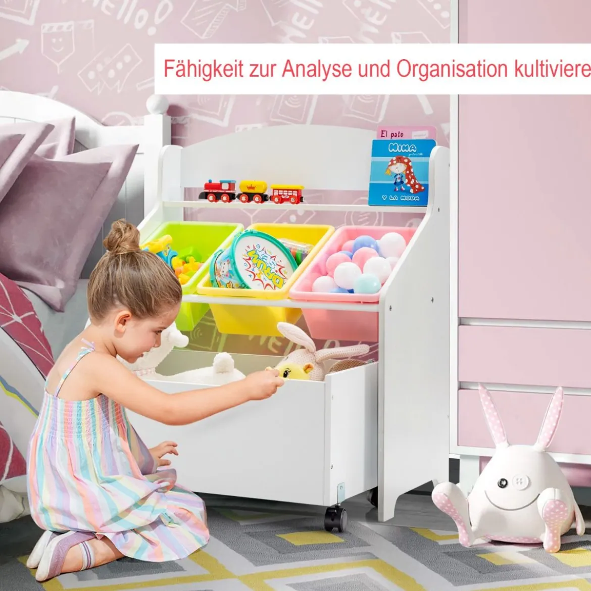 SpielzeugregalHölzerner Kinderschrank mit Rollen Bücherregal Spielzeugablage für Kinder Weiß