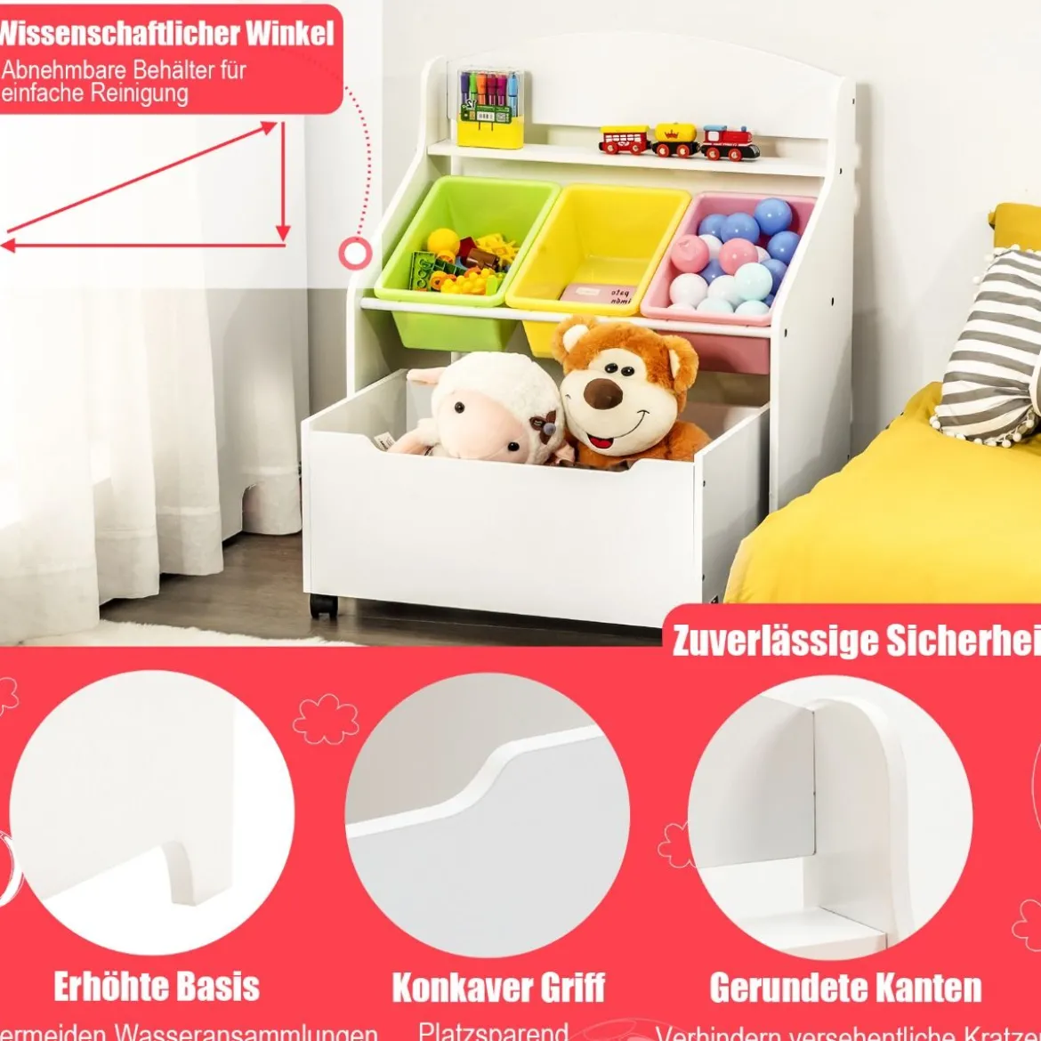 SpielzeugregalHölzerner Kinderschrank mit Rollen Bücherregal Spielzeugablage für Kinder Weiß